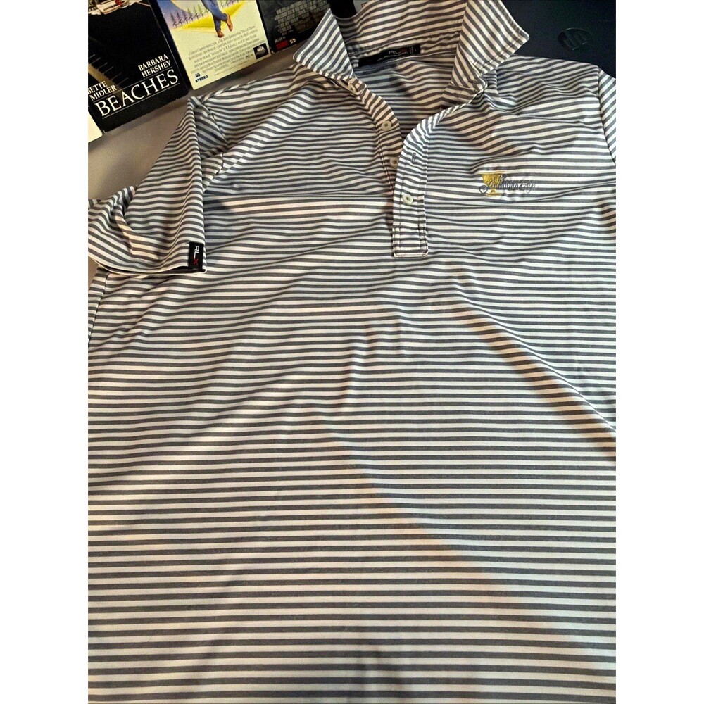 RLX Ralph Lauren Men's L Gray/White Striped Polo Shirt SS Logo Embroidered